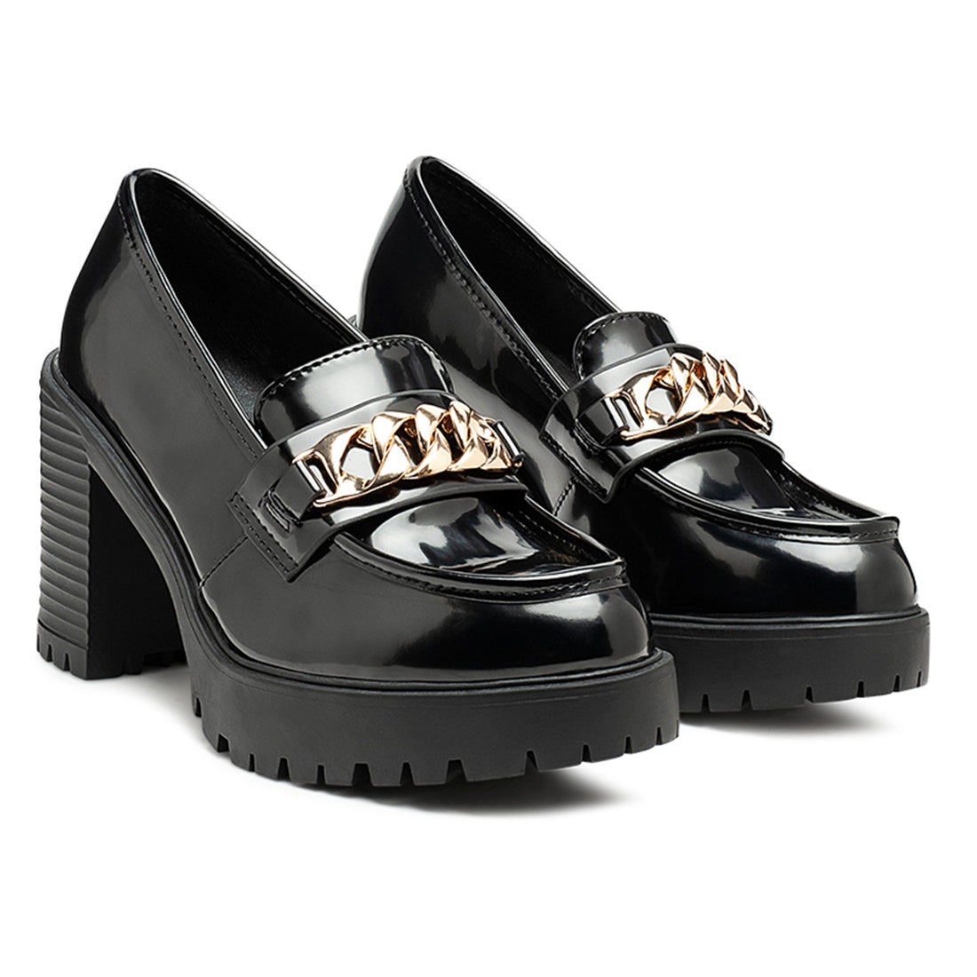 Block Heeled Chunky Loafers in Black - Black