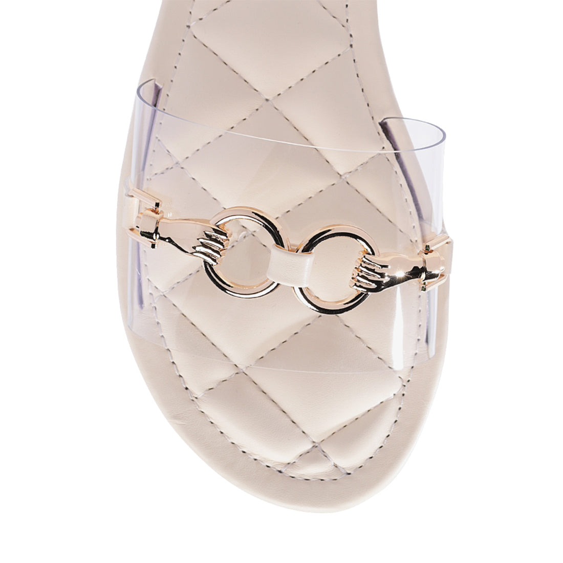Clear Buckled Quilted Slides in Beige - Beige