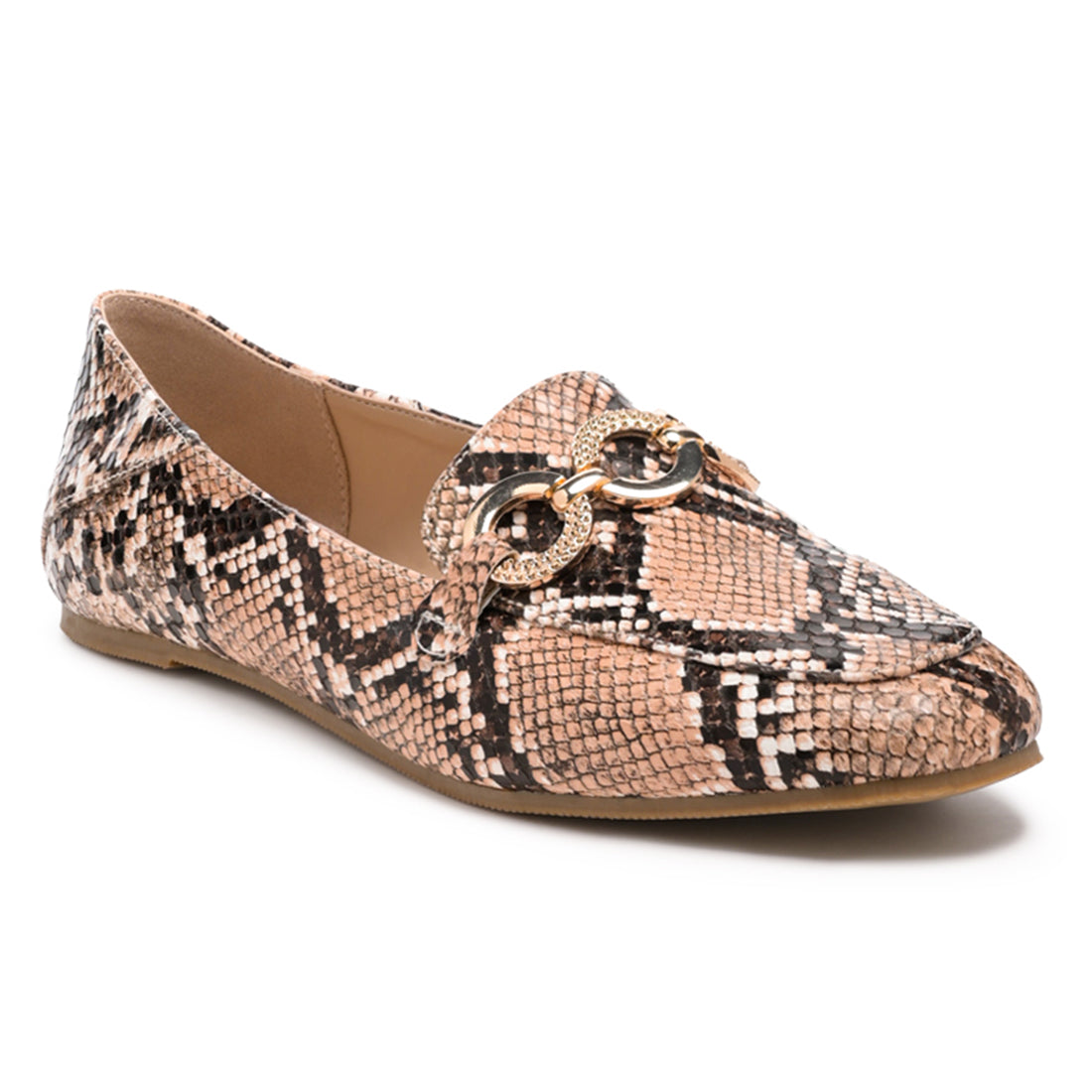Croc Textured Metal Detail Loafers in Beige