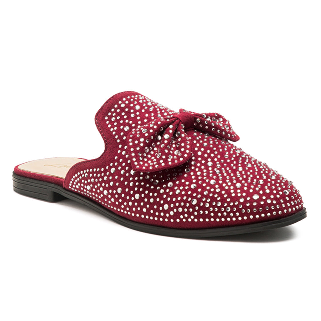 Embellished Casual Bow Mules in Burgundy - Burgundy