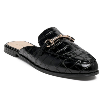 Buckled Faux Leather croc Mules in Black - Black