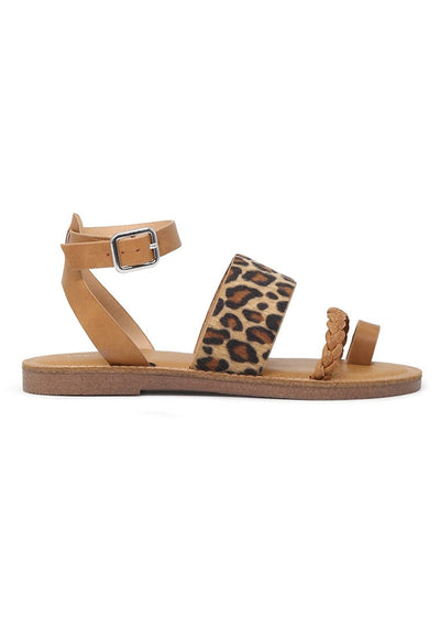 Leopard Florence Ankle Strap Flat Sandals - Tan