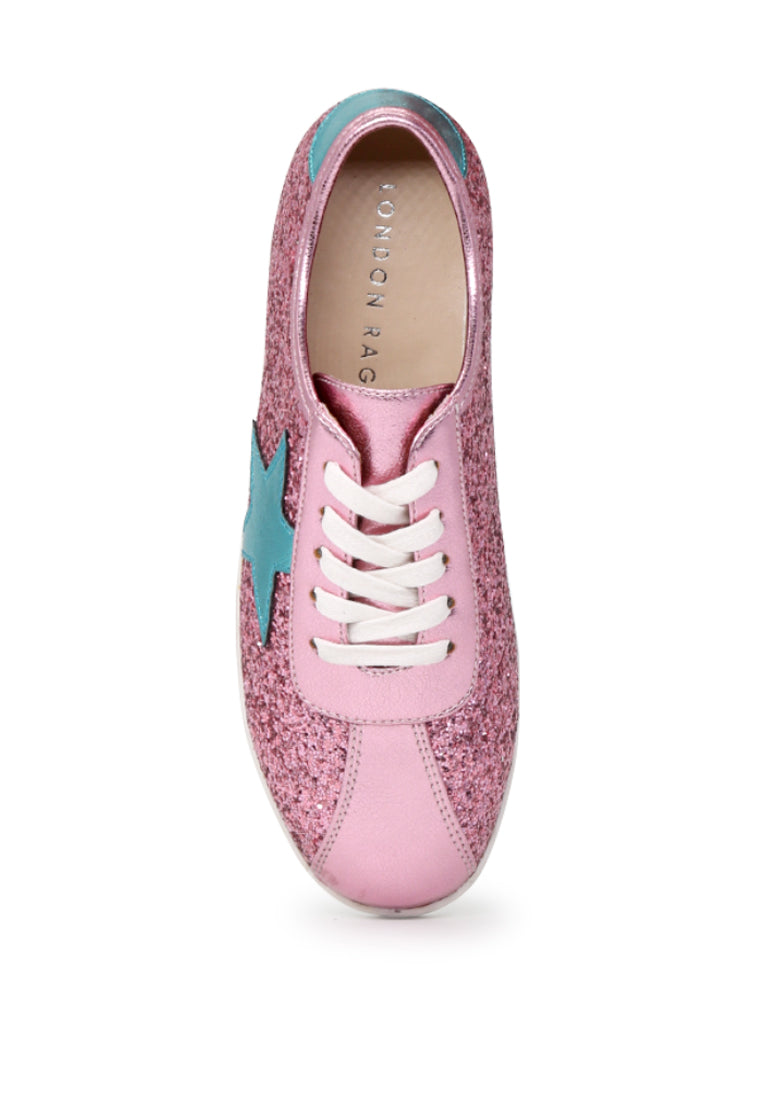 Pink Star Glitter Lace-Up Sneakers - Pink