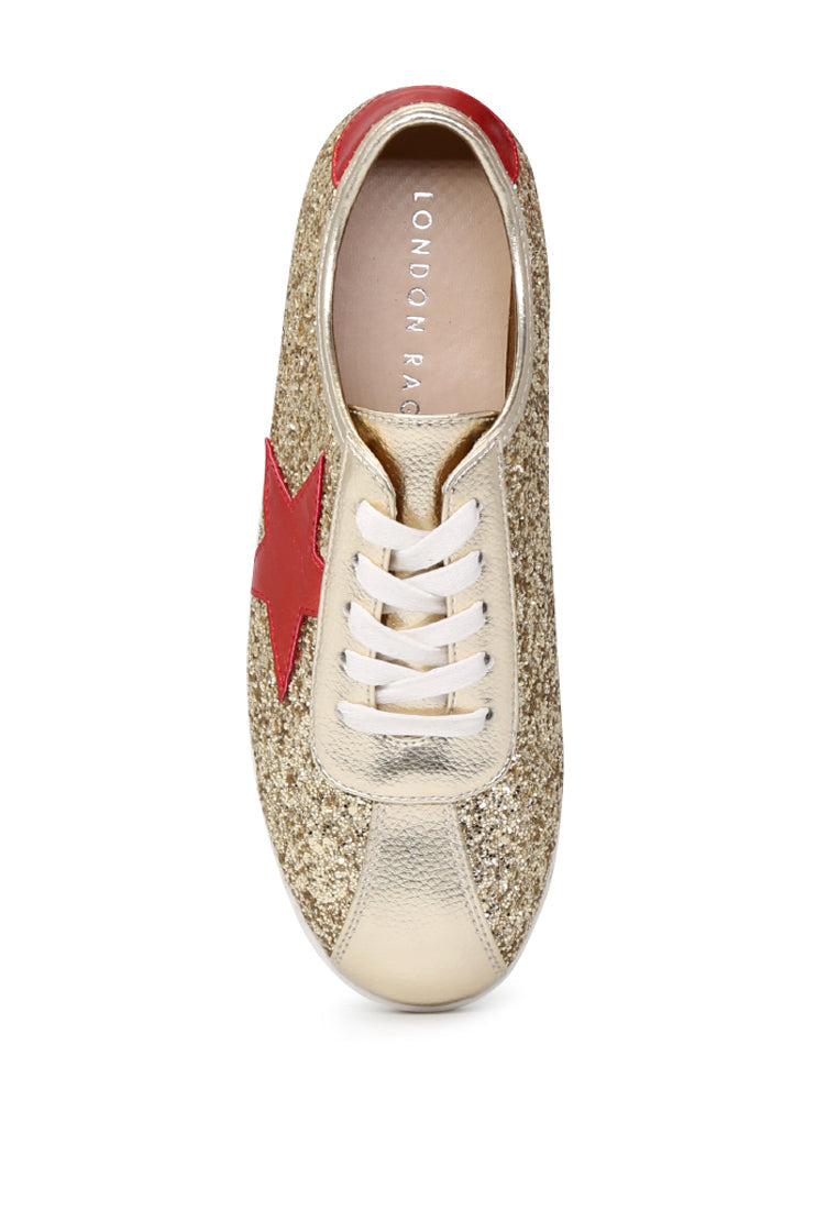 Gold Star Glitter Lace-Up Sneakers - Gold