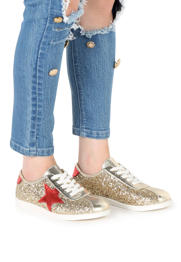 Gold Star Glitter Lace-Up Sneakers - Gold