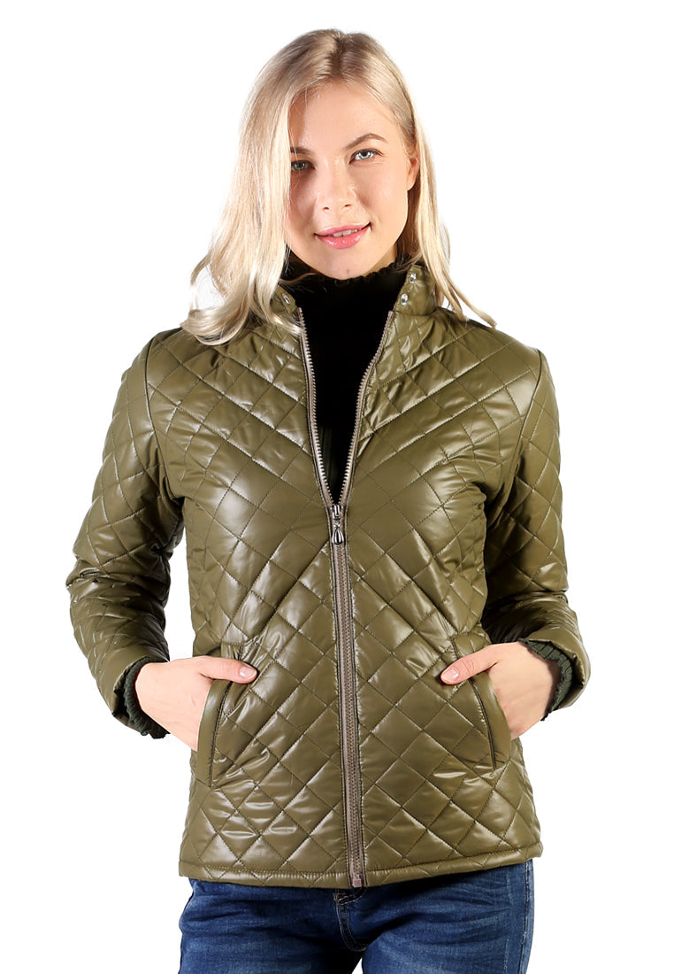 Green Puffer jacket With Zip Closure - Olive Green