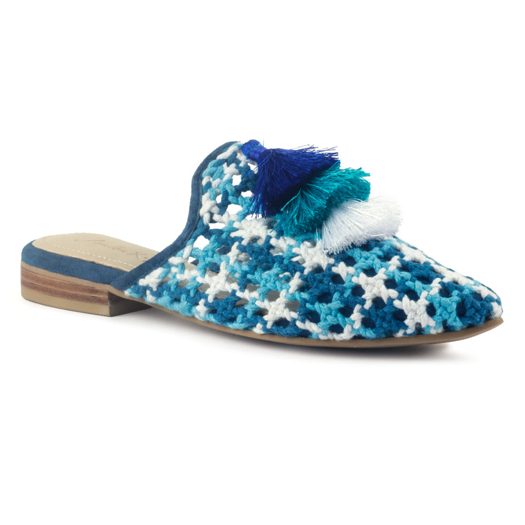 Blue Woven Flat Mules With Tassels - Blue