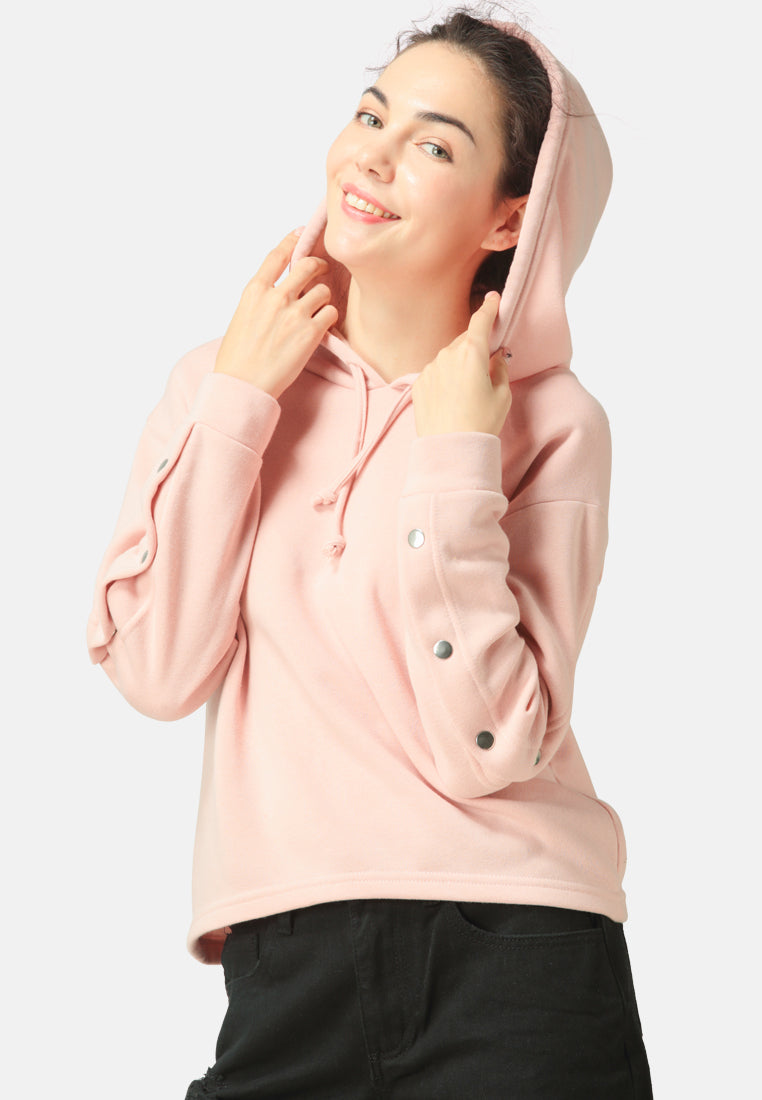 Button Detailed Sleeve Hoodie - Pink