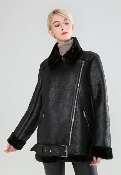 Black Leather Biker Jacket with Faux Fur Collar - Black