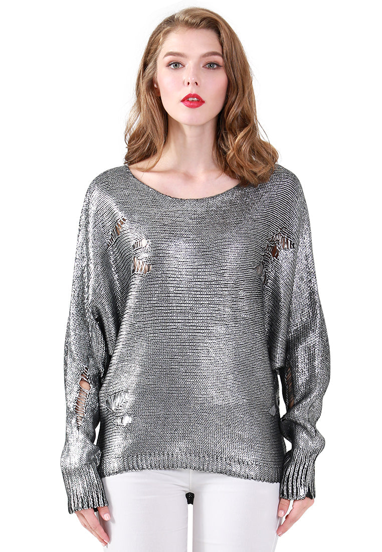 Ripped Full Sleeve Metallic Sweater in Silver - Silver