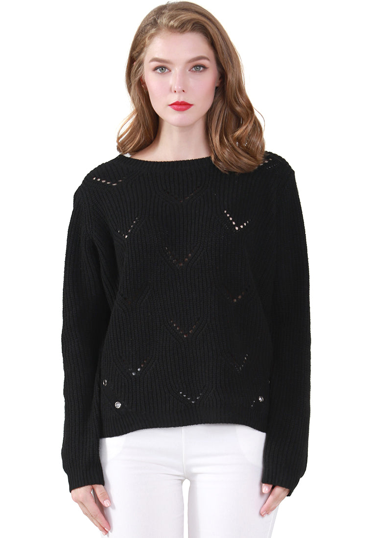 Black Long Sleeve Knit Sweater with Eyelet Detail - Black