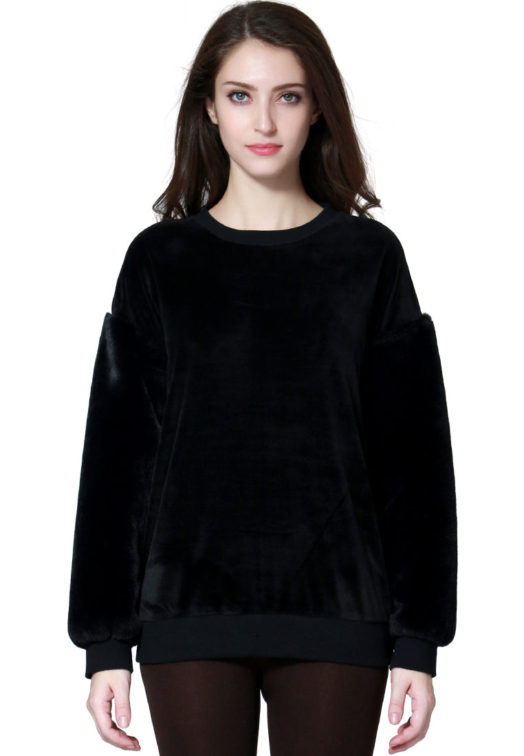 Black Long Sleeve Fur Sweatshirt
