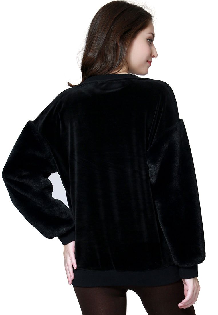 Black Long Sleeve Fur Sweatshirt - Black