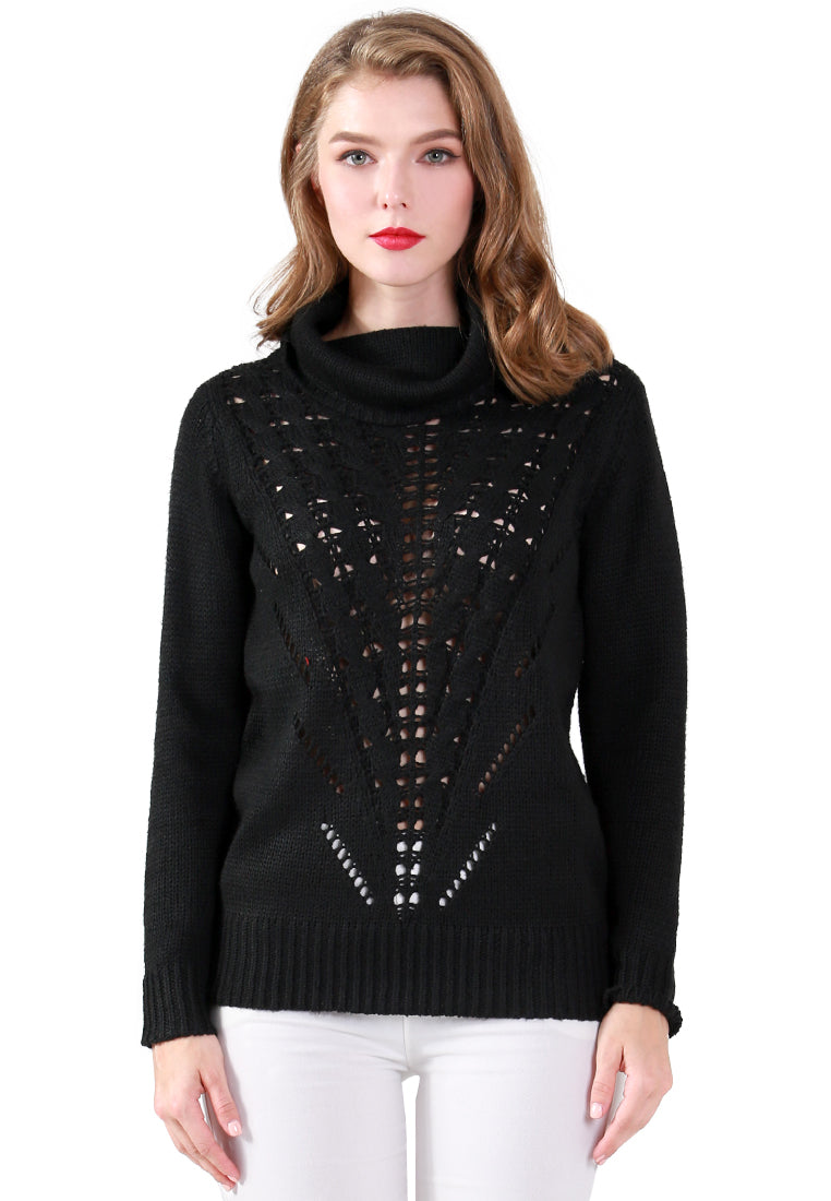 Black Turtle Neck Long Sleeve Knit Sweater with Eyelet Details - Black