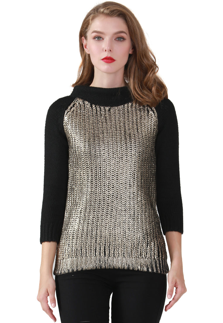Gold Metallic Print Wide Turtle Neck Knit Sweater - Black