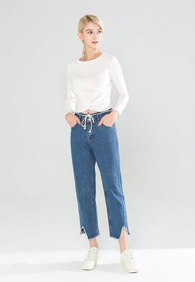 Blue Denim Jeans with Frayed Bottom - Blue