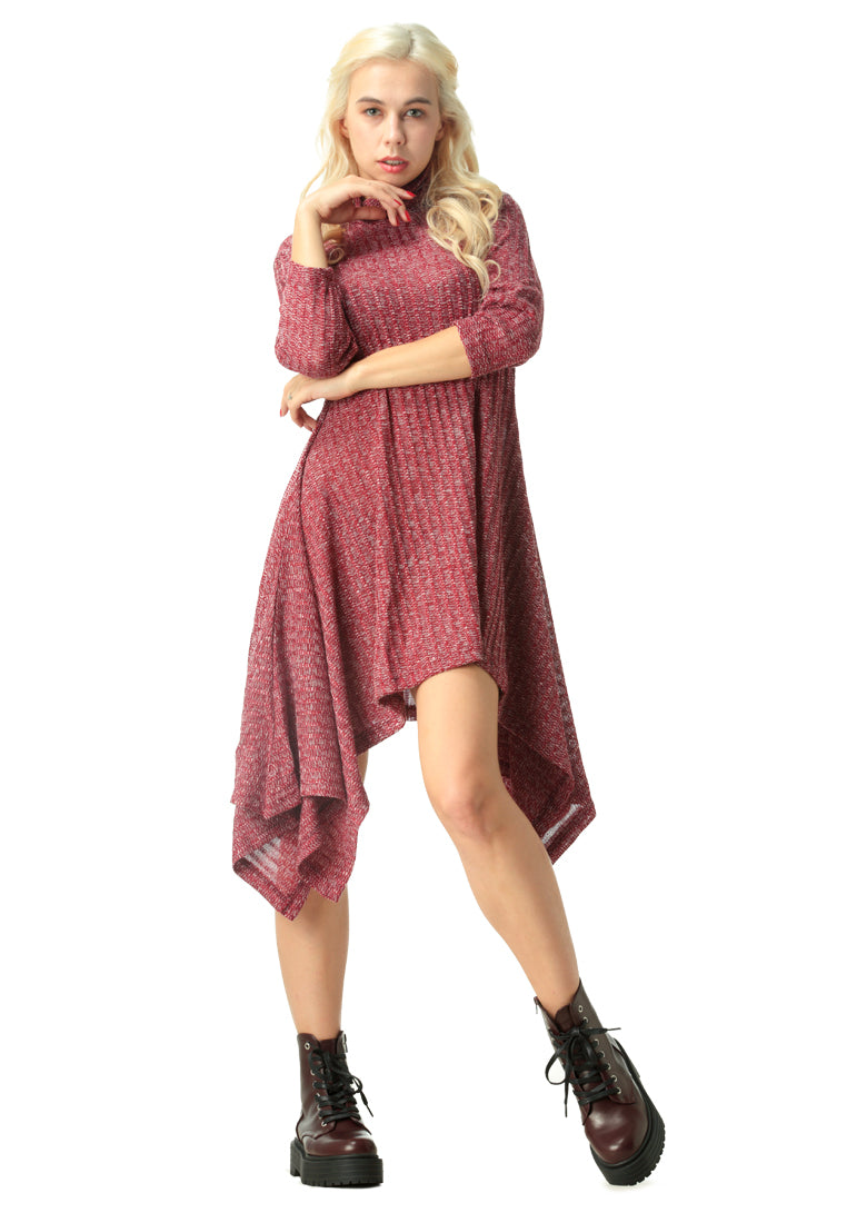 Long Sleeve Irregular Hem Sweater Dress - Burgundy