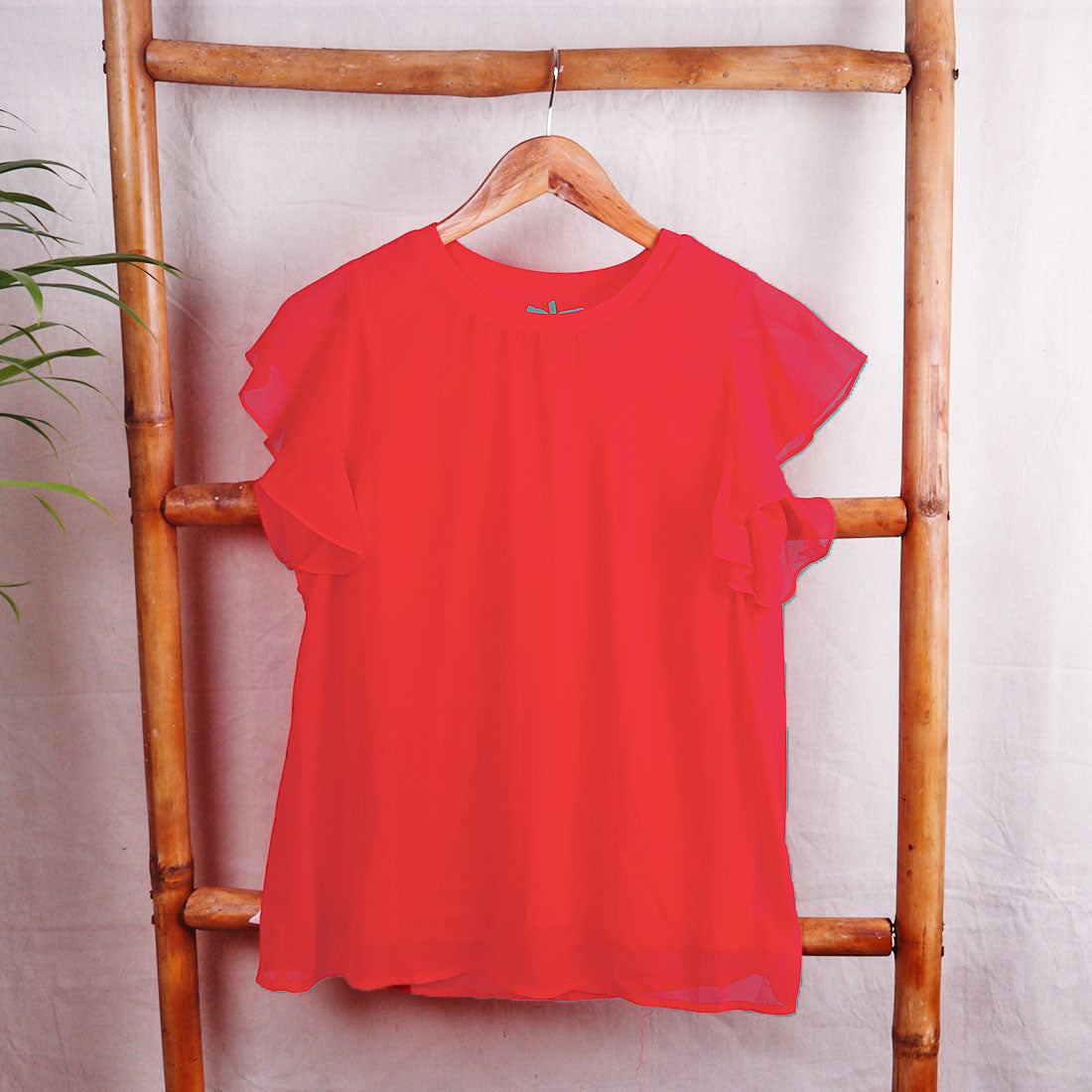 Red Short Flutter Sleeve Casual Top