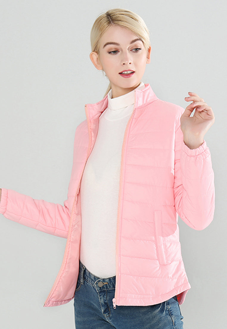 Pink Puffer Jacket with Zipper Closure - Pink