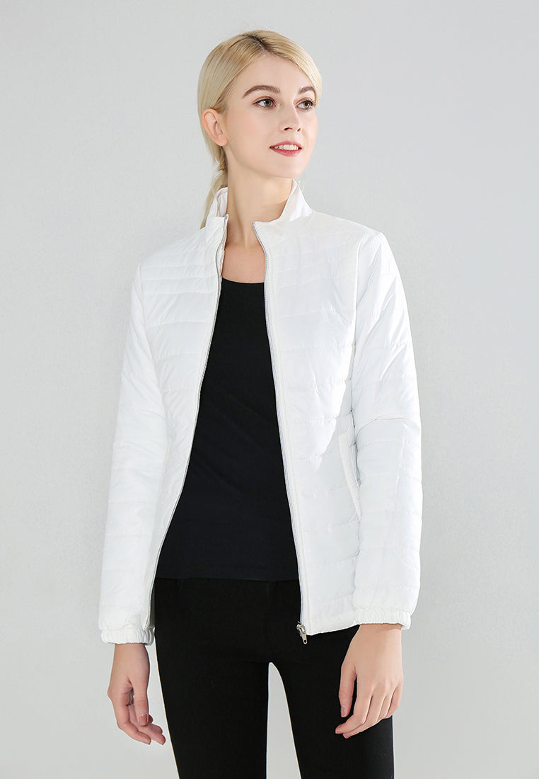 White Puffer Jacket with Zipper Closure - White
