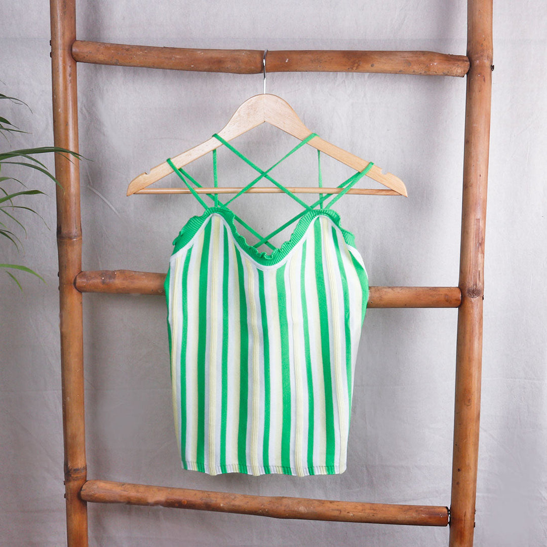 Frilled Neckline Striped Top - Green