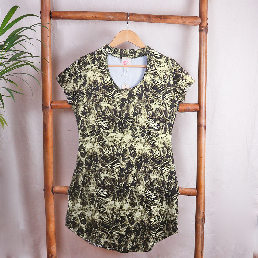 Python Print Choker Neckline Dress - Olive Green