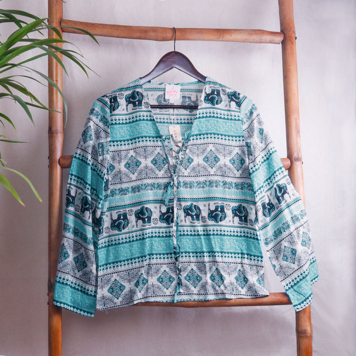 Aqua Blue Printed Long Sleeve Top - Aqua Blue