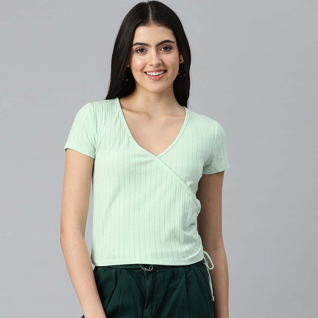 Solid Rib Knit Wrap Top in Green