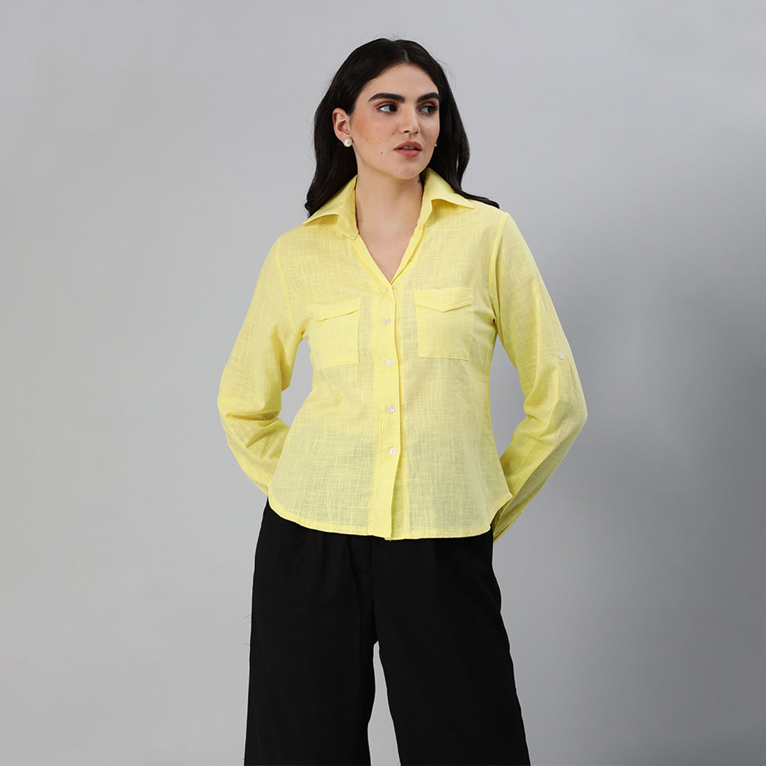 Woven Pocket Detail Shirt In Yellow