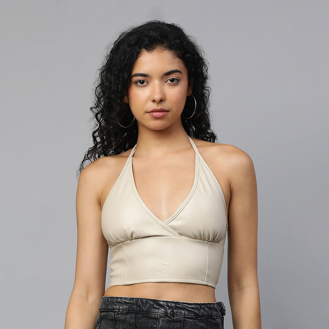 sleeveless knot halter top#color_taupe