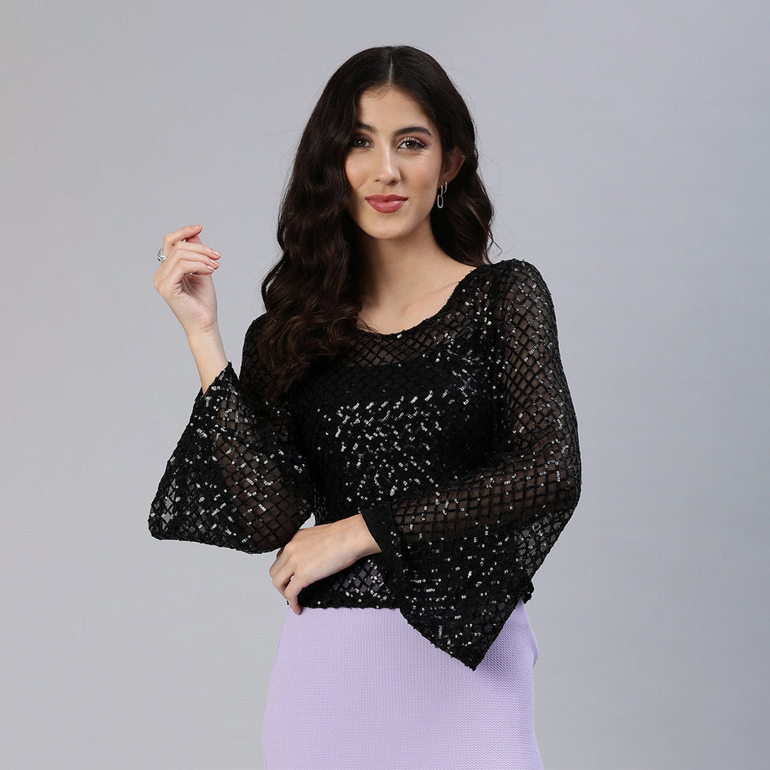 Sheer Sequin Long Sleeve Top In Black