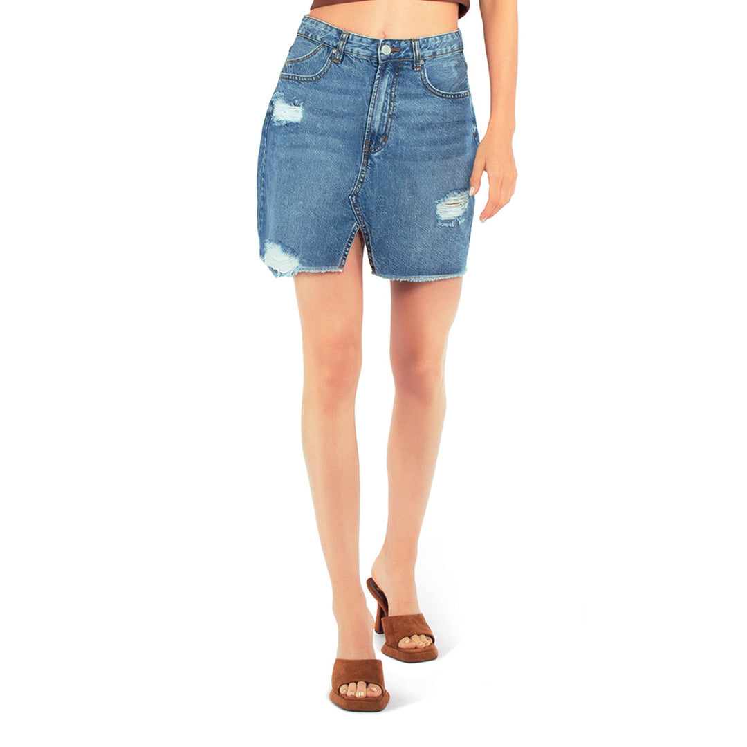 Blue Split Distressed Denim Mini Skirt