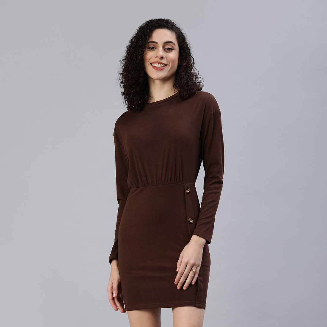 Fitted Button Detail Bodycon Dress In Coffee