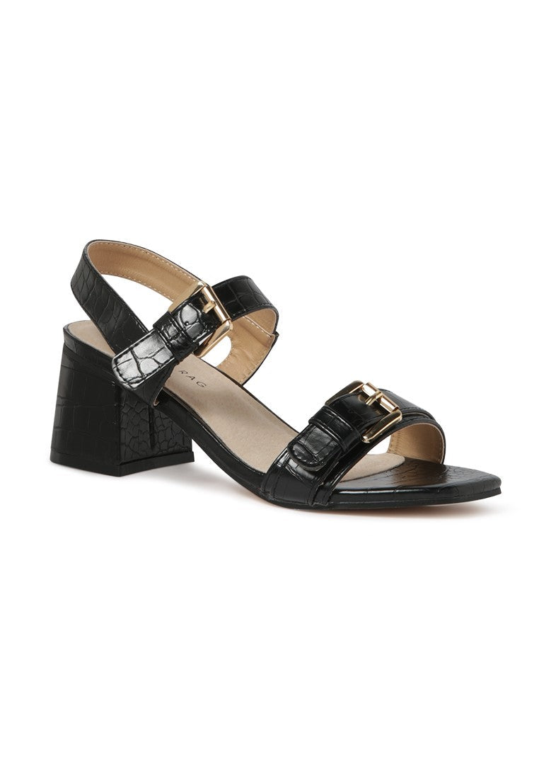 Black Croc Print Block Sandal - Black