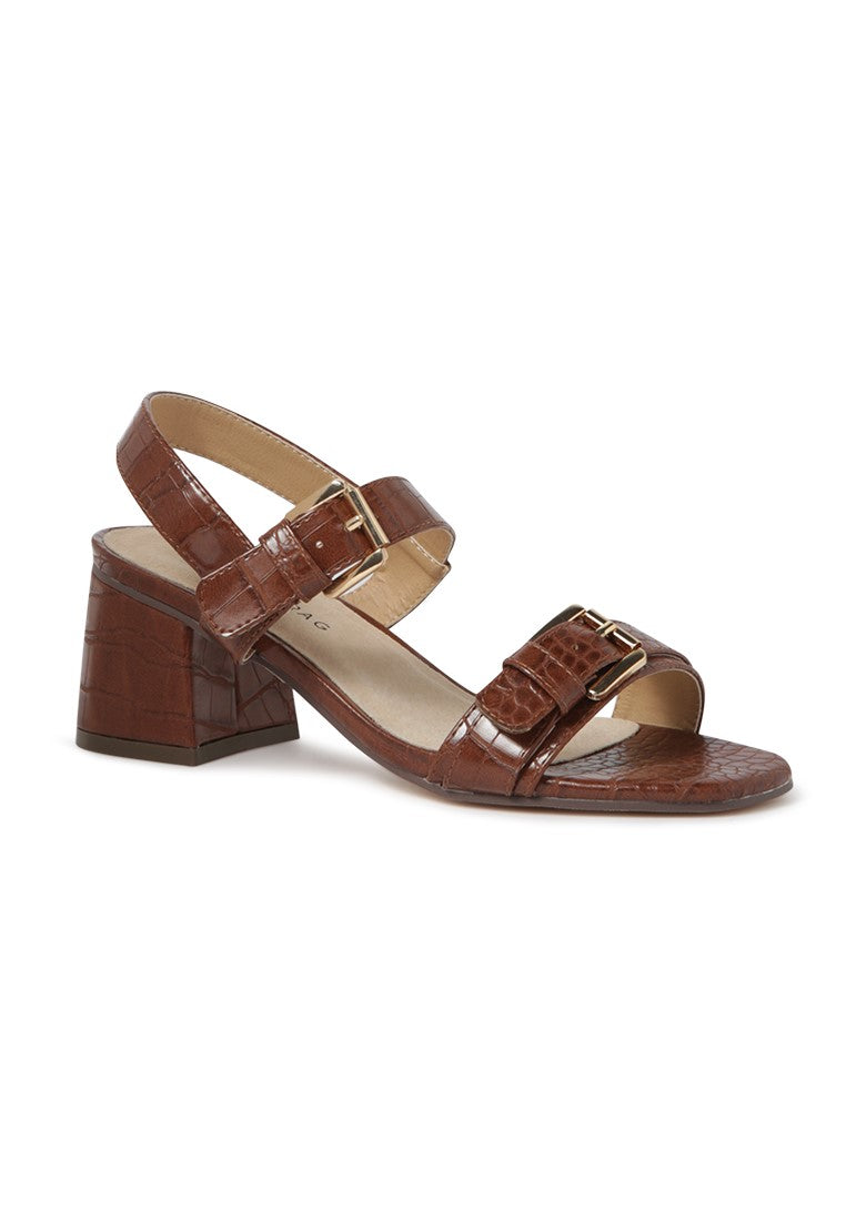 Brown Croc Print Block Sandal - Brown