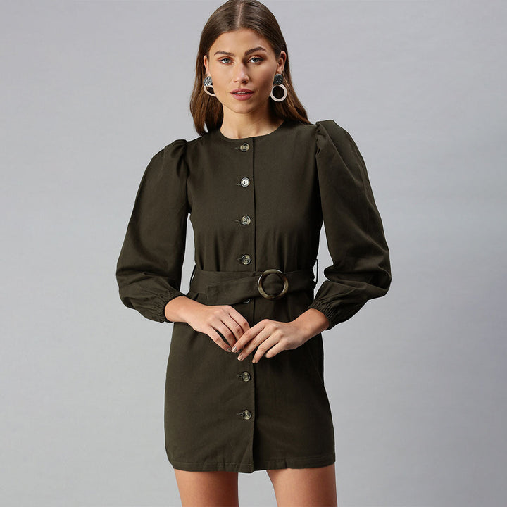 women khaki puff sleeve mini shirt dress#color_chocolate