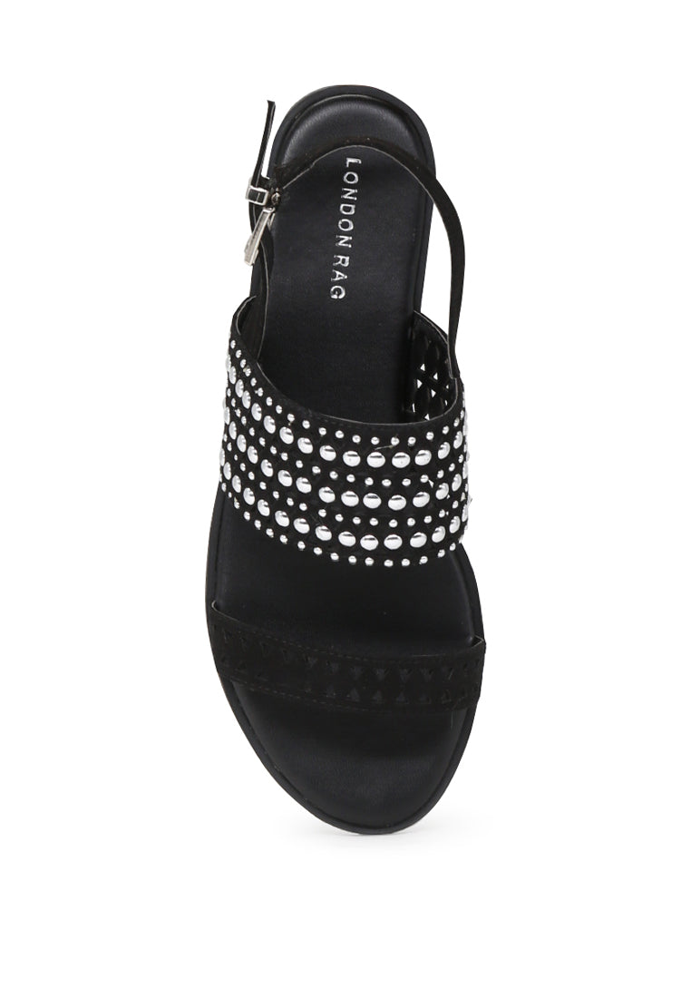 Black Florence Studded Flat Sandals - Black