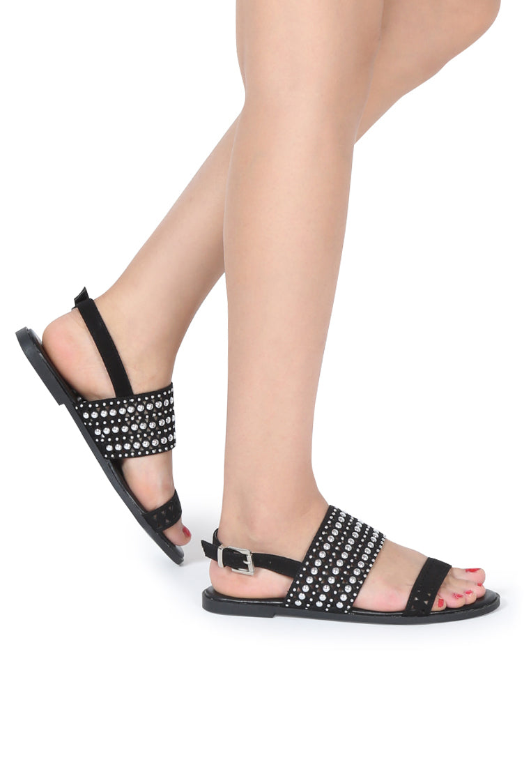 Black Florence Studded Flat Sandals - Black