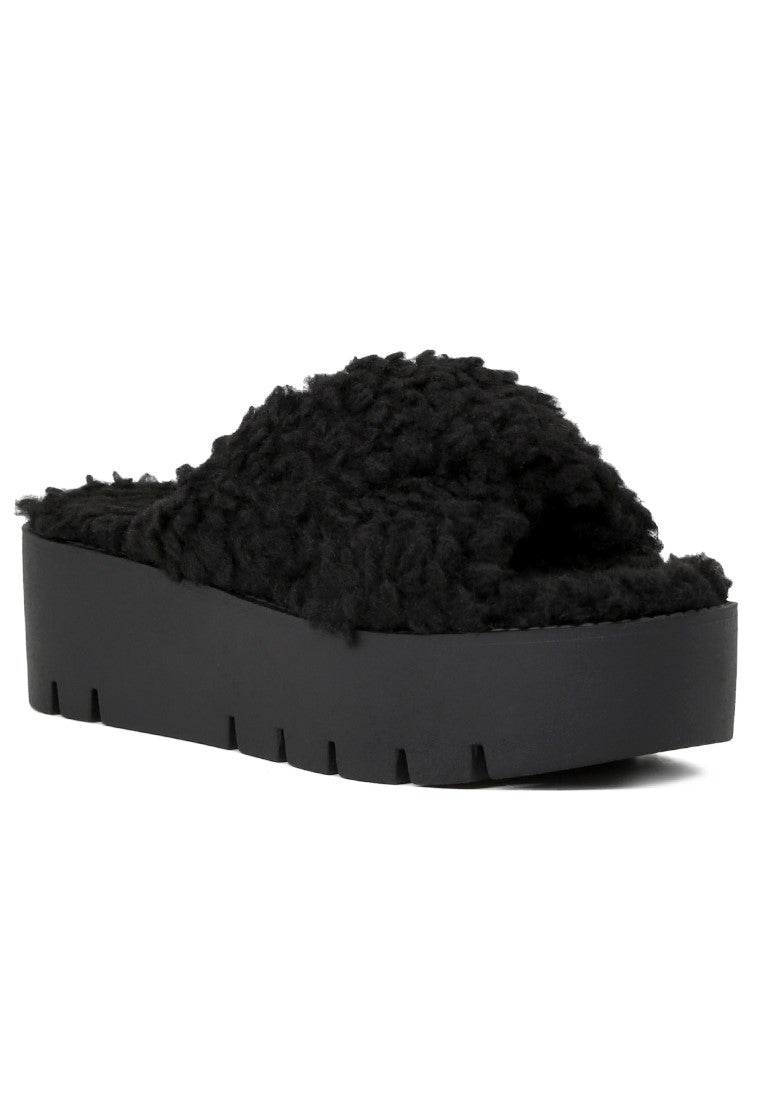 Black Fur CrossStrap Flatforms - Black