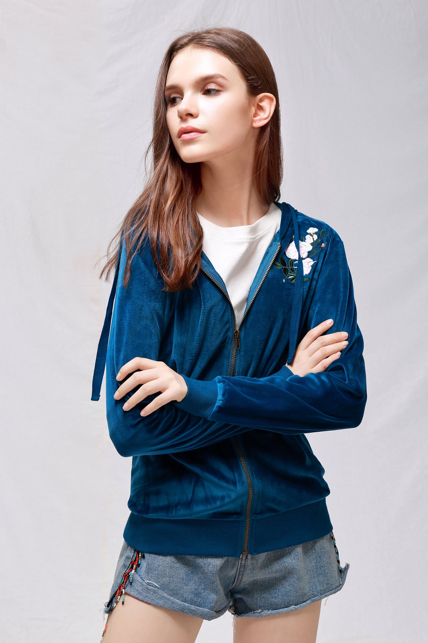 Velour Classic Hoodie Sweat Jacket with Pockets - Blue