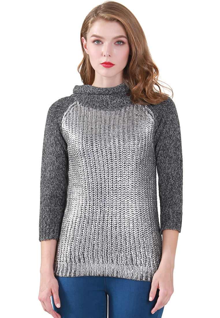 Silver Metallic Print Wide Turtle Neck Knit Sweater - Grey