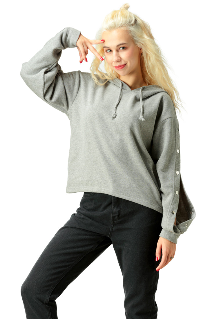 Grey Button Detailed Sleeve Hoodie - Grey