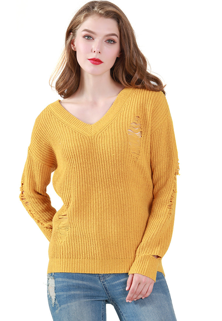 Mustard Full Sleeve Ribbed Knit Sweater - Yellow