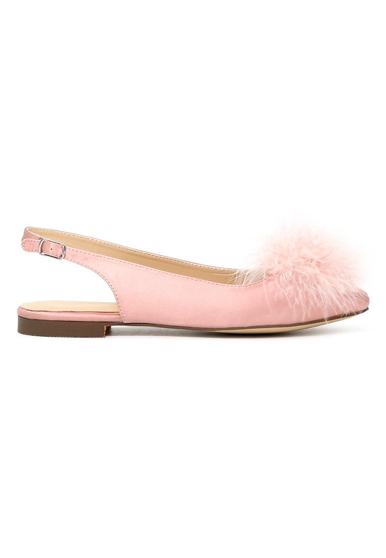 Blush Furry Pom Pom Slingback Stylish Flats - Blush