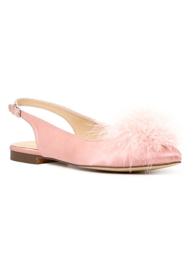 Blush Furry Pom Pom Slingback Stylish Flats - Blush