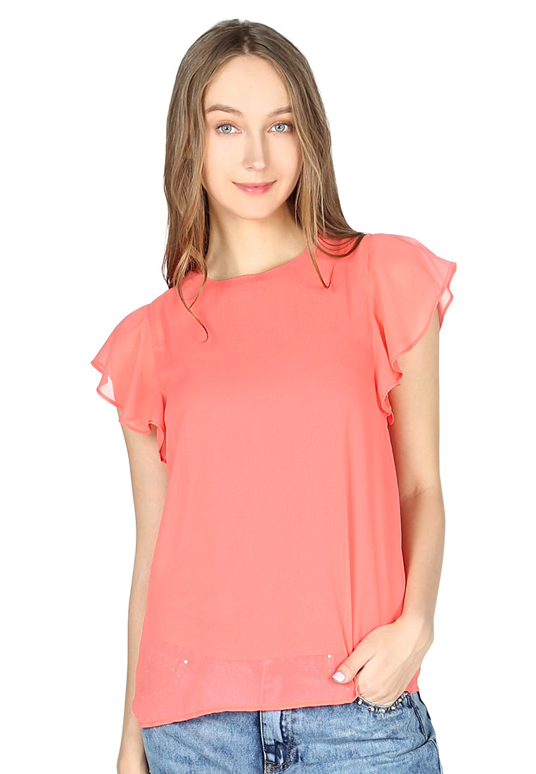 Short Flutter Sleeve Casual Top - Coral