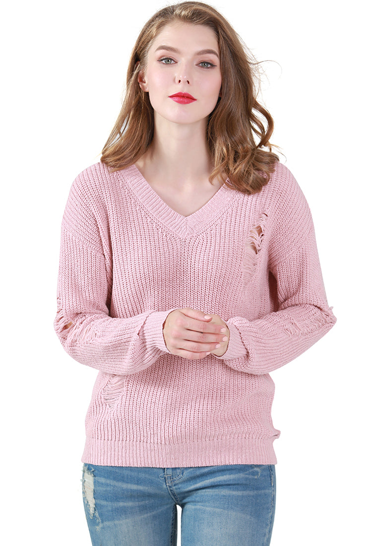 Pink Full Sleeve Ribbed Knit Sweater - Pink