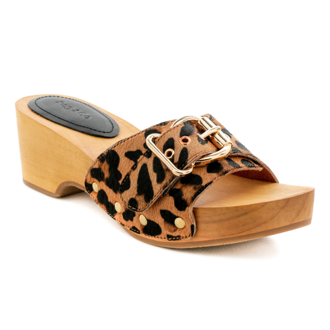 Studded Leather Wooden Clogs in Brown