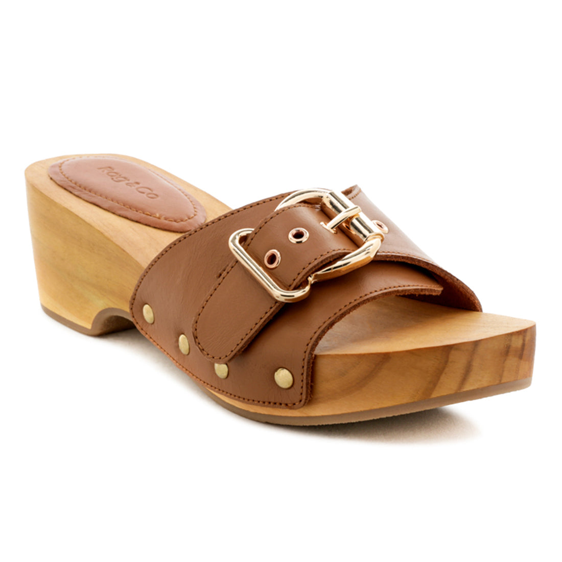 Studded Leather Wooden Clogs in Tan