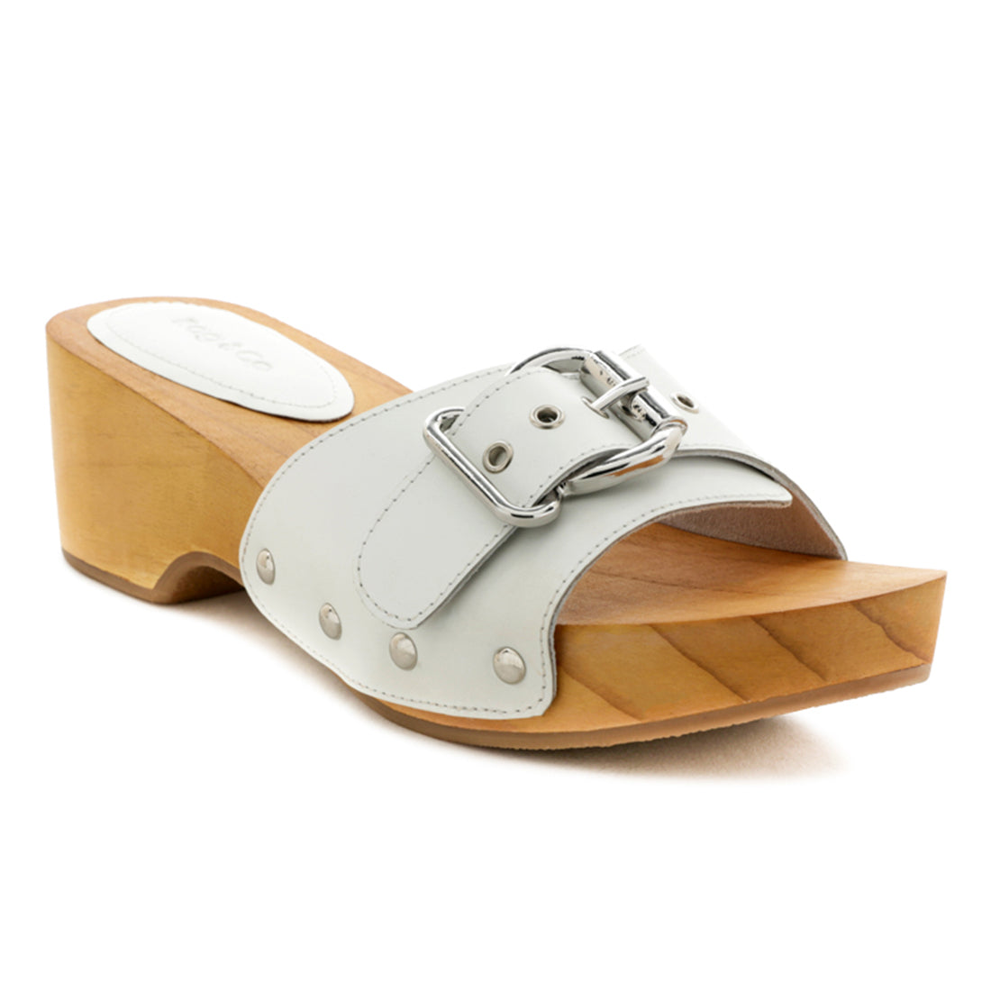 Studded Leather Wooden Clogs in White